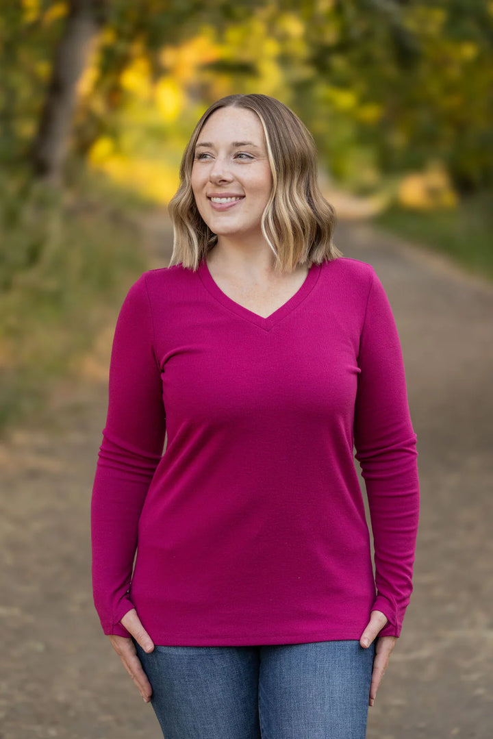 Leah Long Sleeve V-Neck Top | Magenta