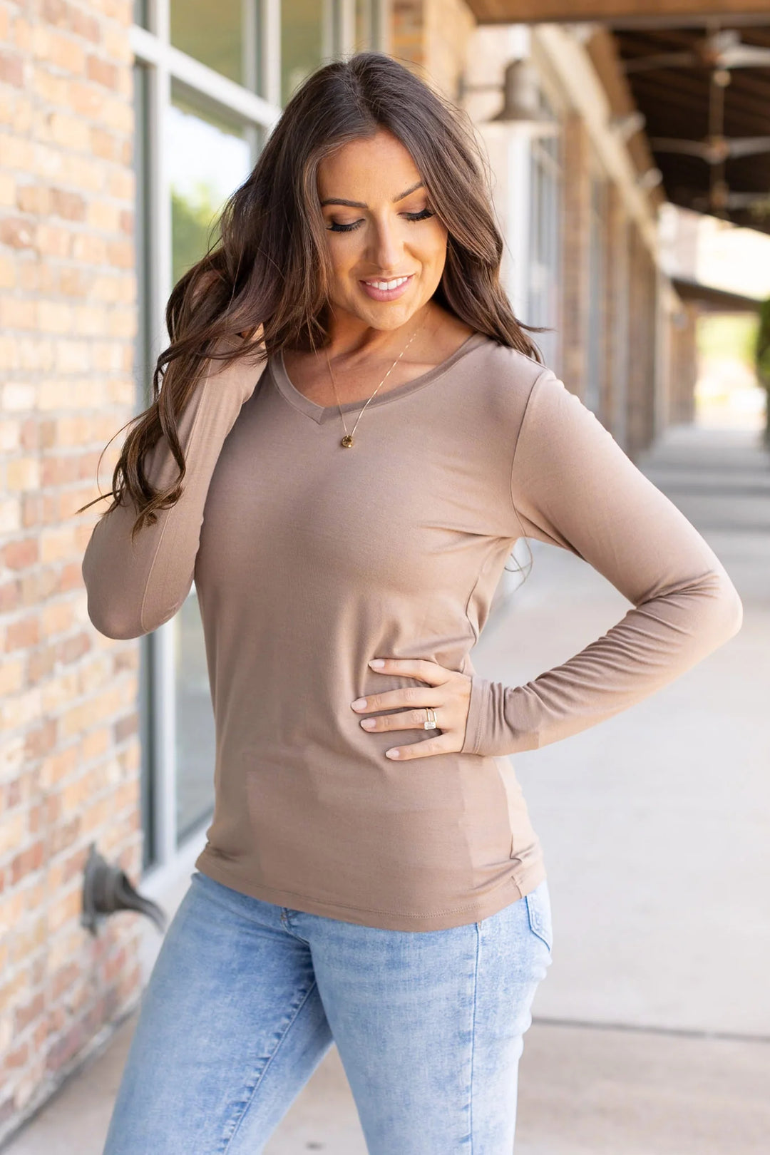 Larissa Long Sleeve V-Neck Top | Mocha