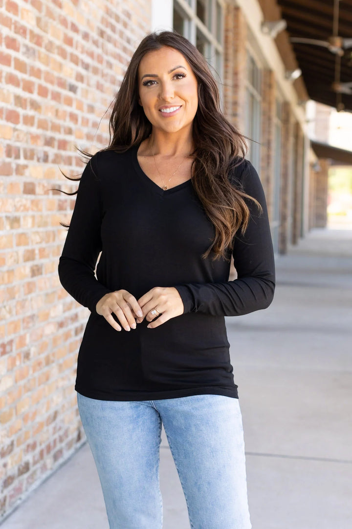 Larissa Long Sleeve V-Neck Top | Black