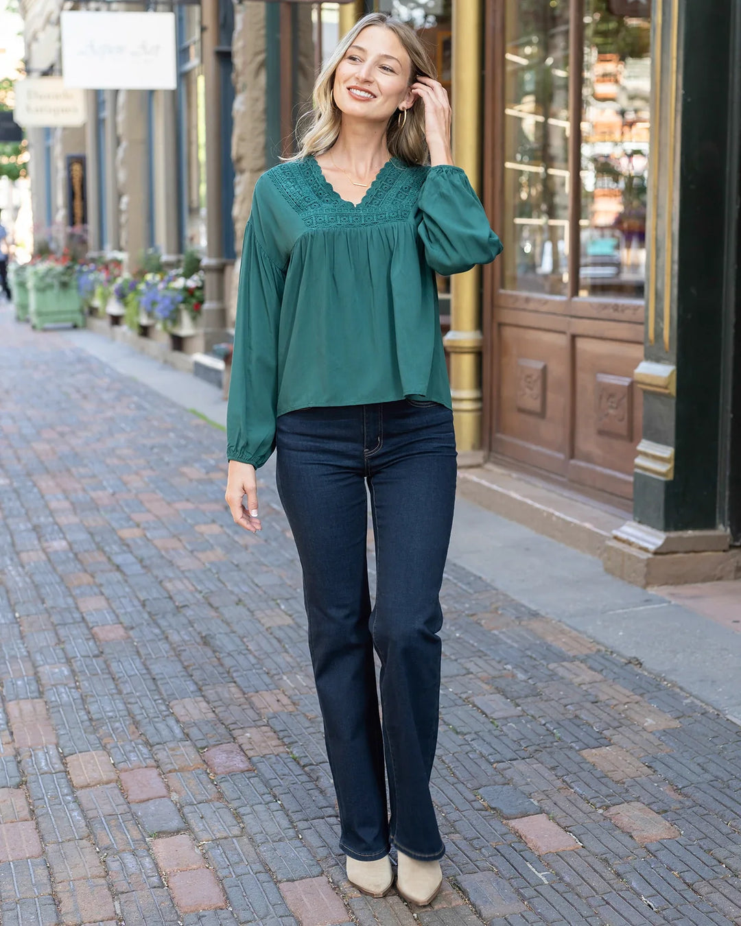 Grace and Lace | Boho Lace Trim Top | Evergreen