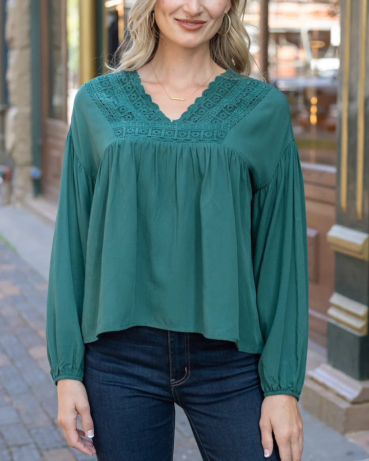 Grace and Lace | Boho Lace Trim Top | Evergreen