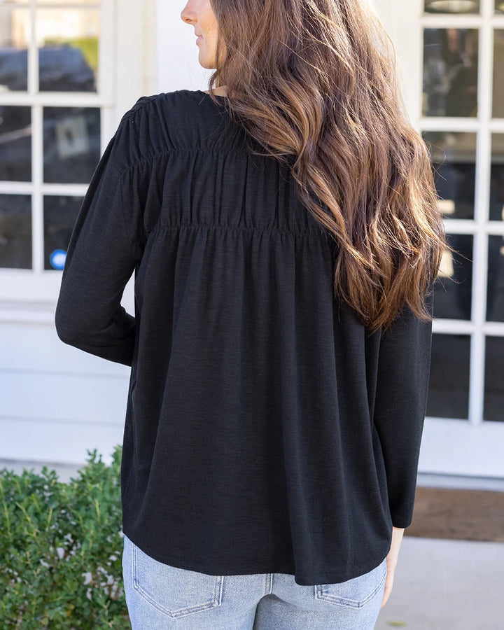 *PREORDER* Grace and Lace | Button Front Ruched Top | Black  - ESTIMATED TO SHIP MARCH 4