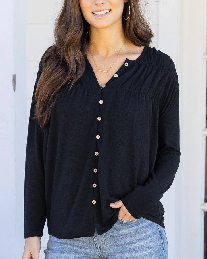 *PREORDER* Grace and Lace | Button Front Ruched Top | Black  - ESTIMATED TO SHIP MARCH 4