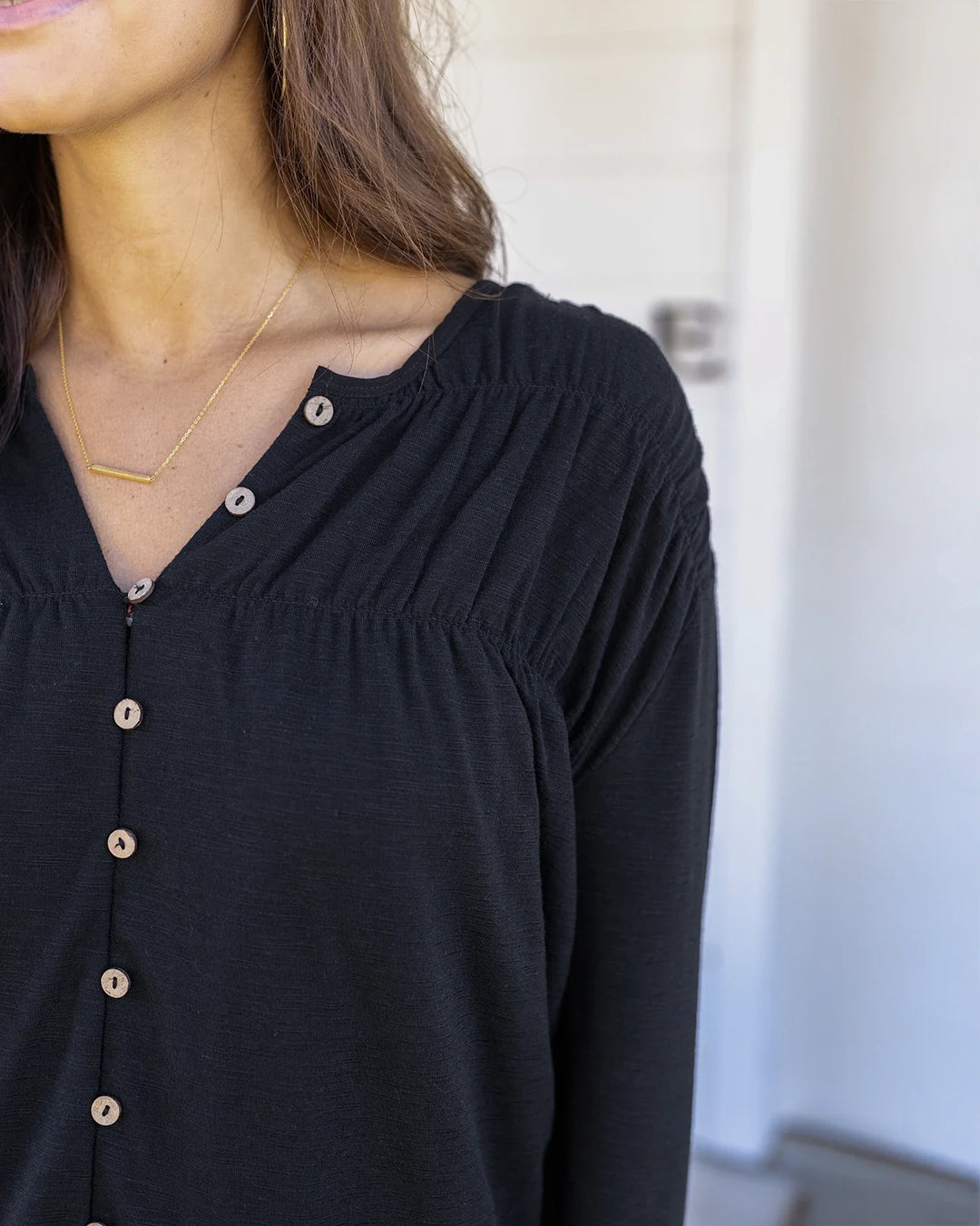 *PREORDER* Grace and Lace | Button Front Ruched Top | Black  - ESTIMATED TO SHIP MARCH 4