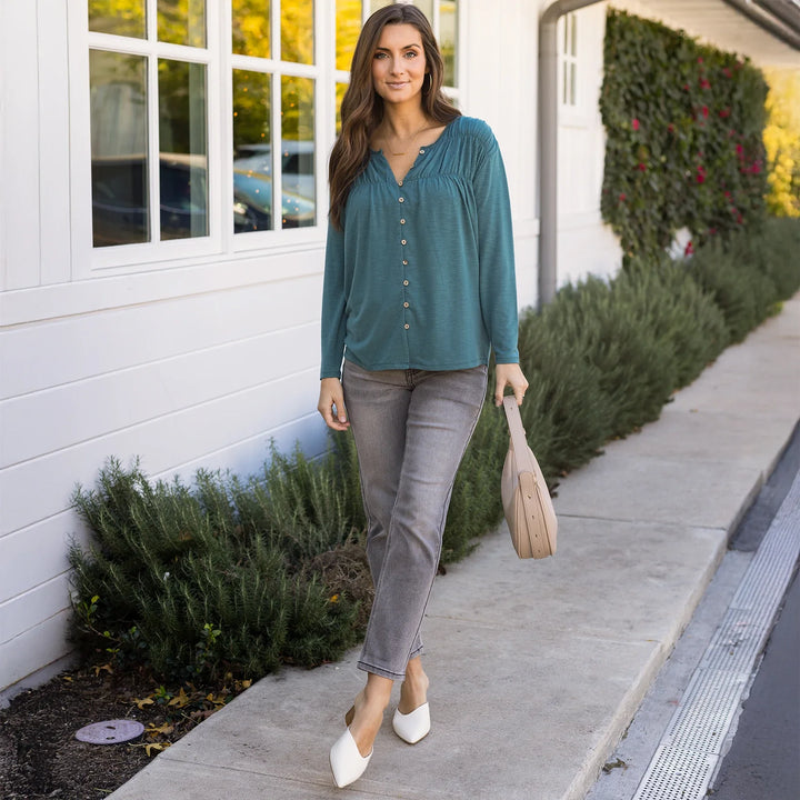 Grace and Lace | Button Front Ruched Top | Sea Green