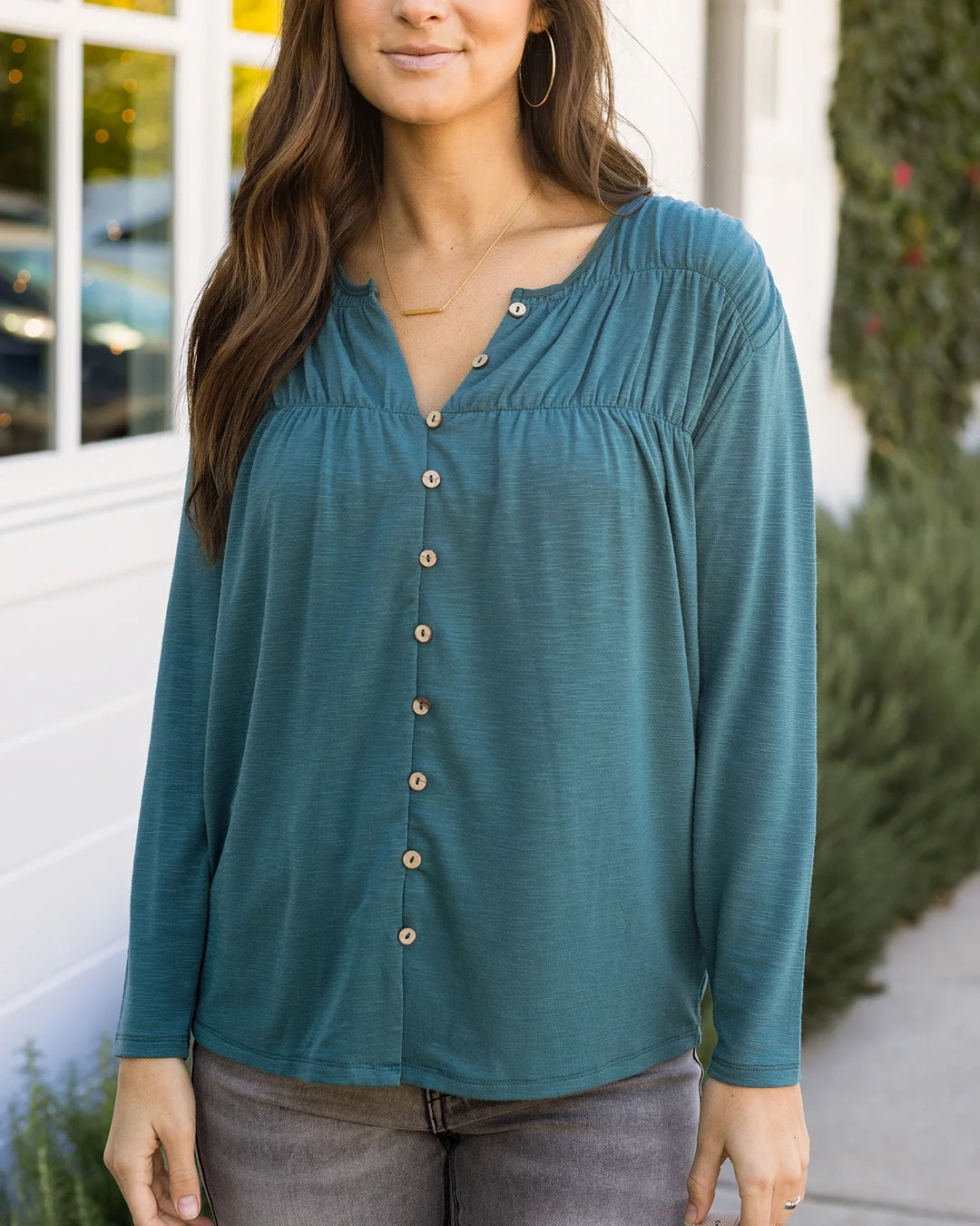 Grace and Lace | Button Front Ruched Top | Sea Green