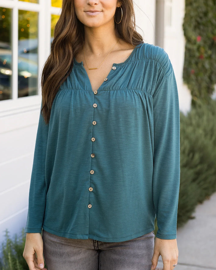 Grace and Lace | Button Front Ruched Top | Sea Green