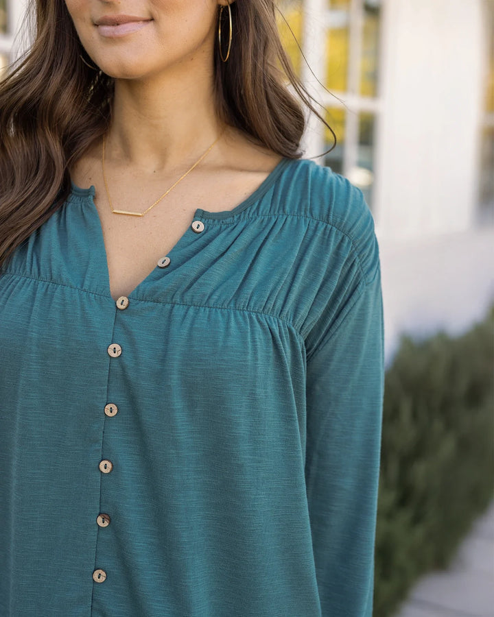 Grace and Lace | Button Front Ruched Top | Sea Green