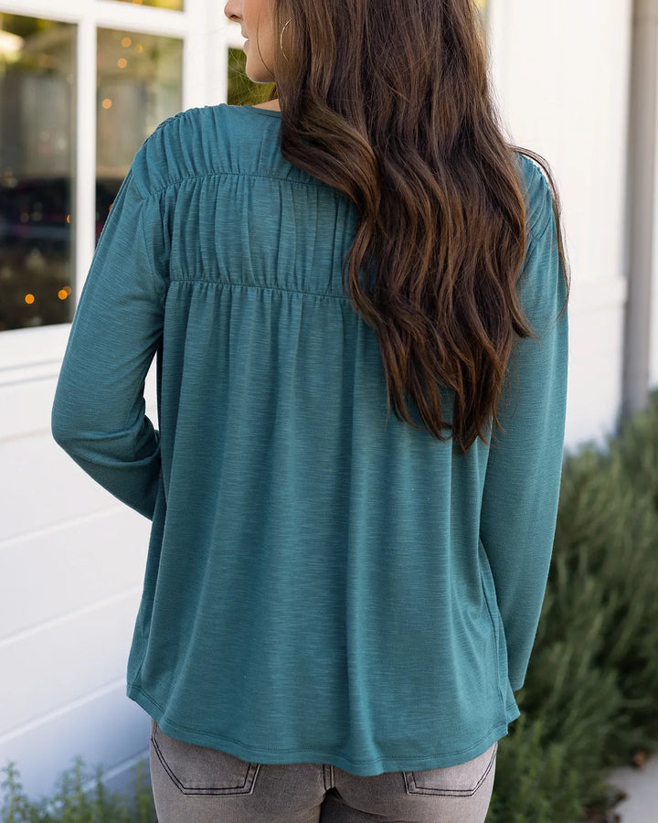 Grace and Lace | Button Front Ruched Top | Sea Green