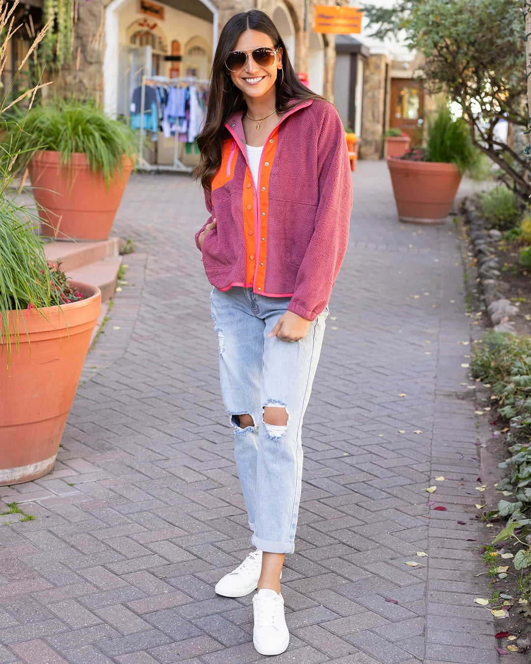 Grace and Lace | Colour Block Fleece Jacket | Berry-Orange