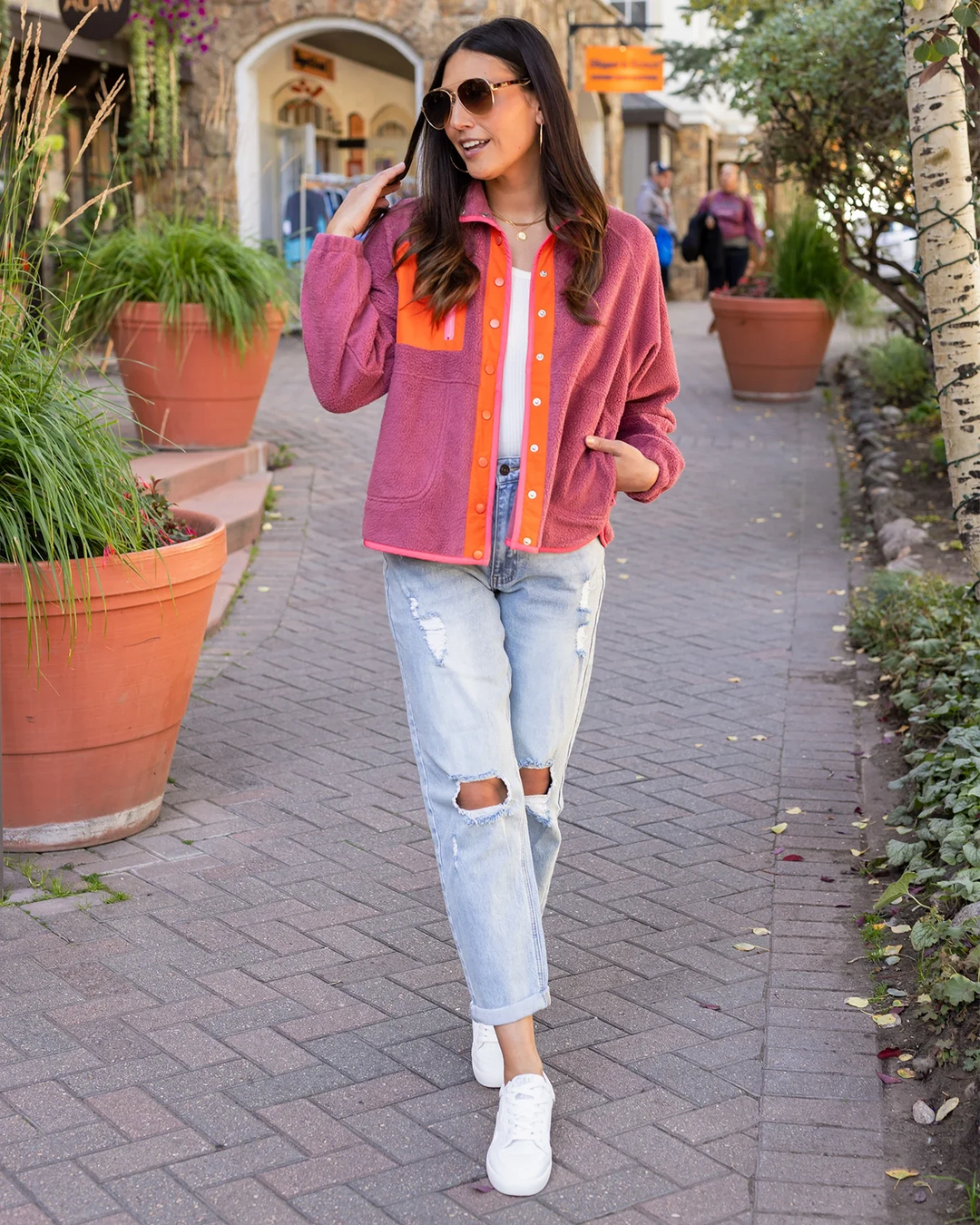 Grace and Lace | Colour Block Fleece Jacket | Berry-Orange