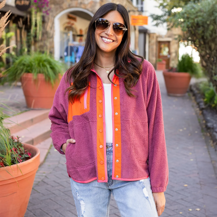 Grace and Lace | Colour Block Fleece Jacket | Berry-Orange