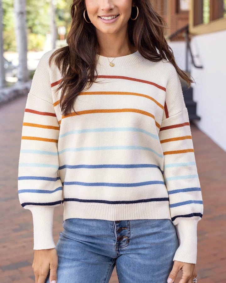 Grace and Lace | Crew Neck Striped Sweater | Ivory Multi Stripe