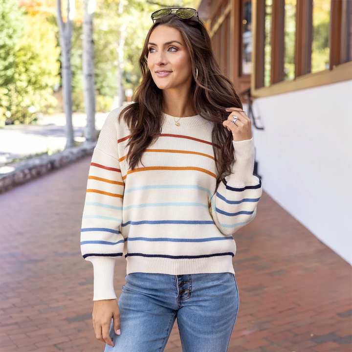 Grace and Lace | Crew Neck Striped Sweater | Ivory Multi Stripe