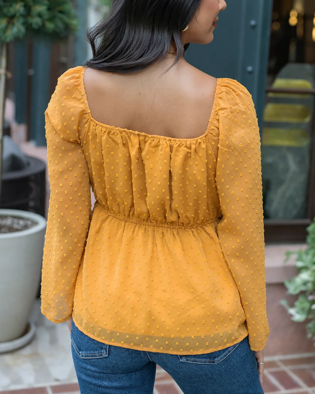 Grace and Lace | Dobby Dot Peplum Top | Honey Gold