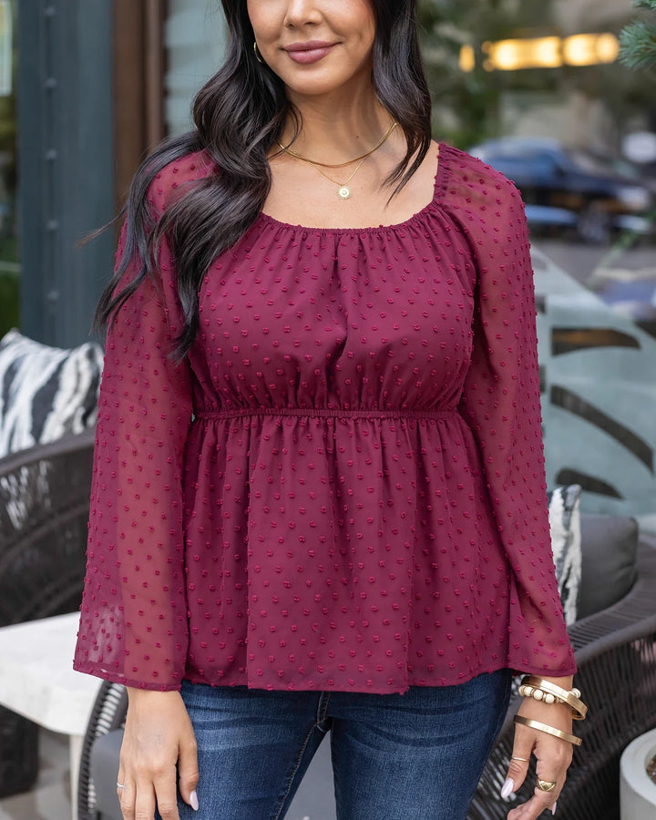 Grace and Lace | Dobby Dot Peplum Top | Zinfandel