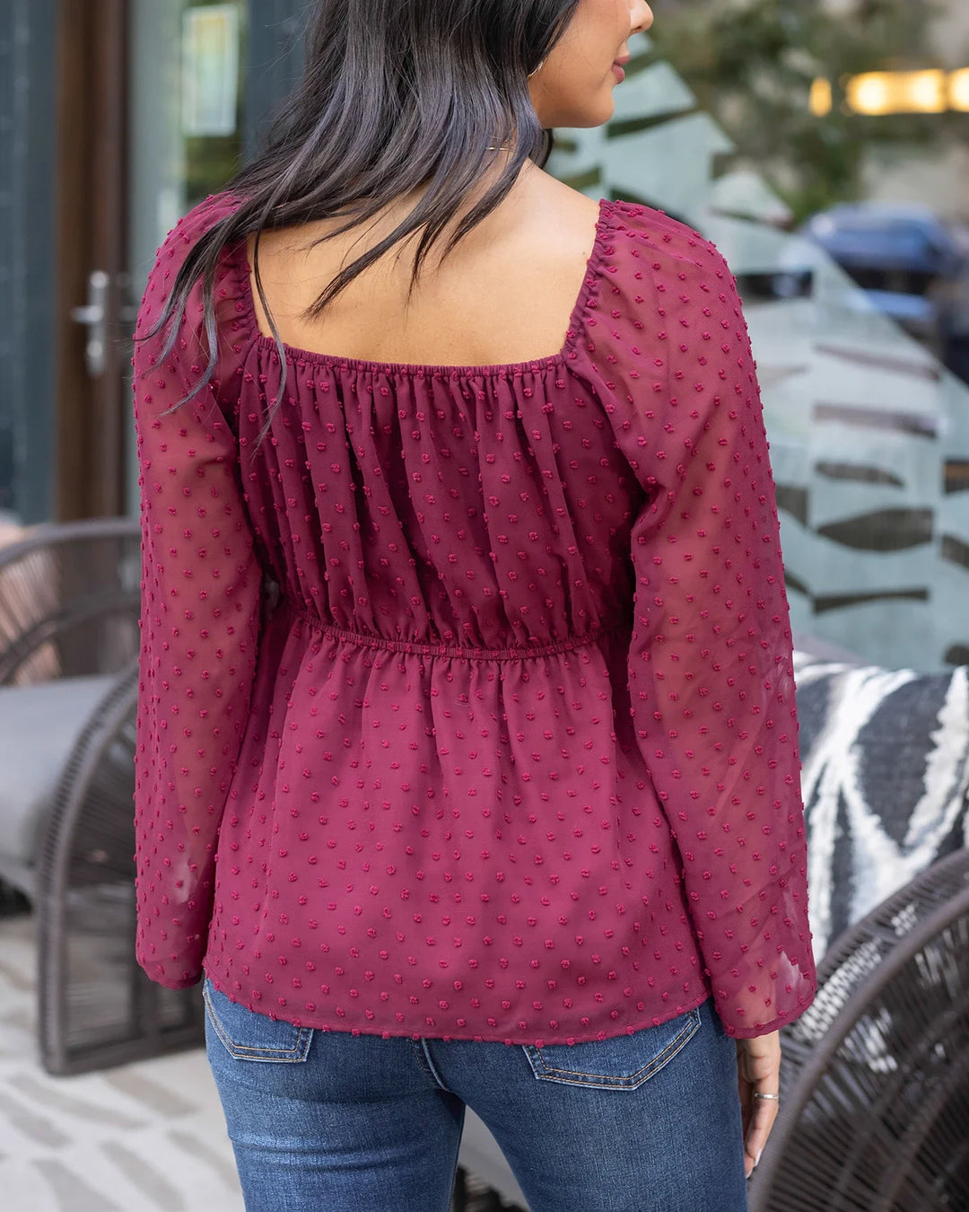 Grace and Lace | Dobby Dot Peplum Top | Zinfandel