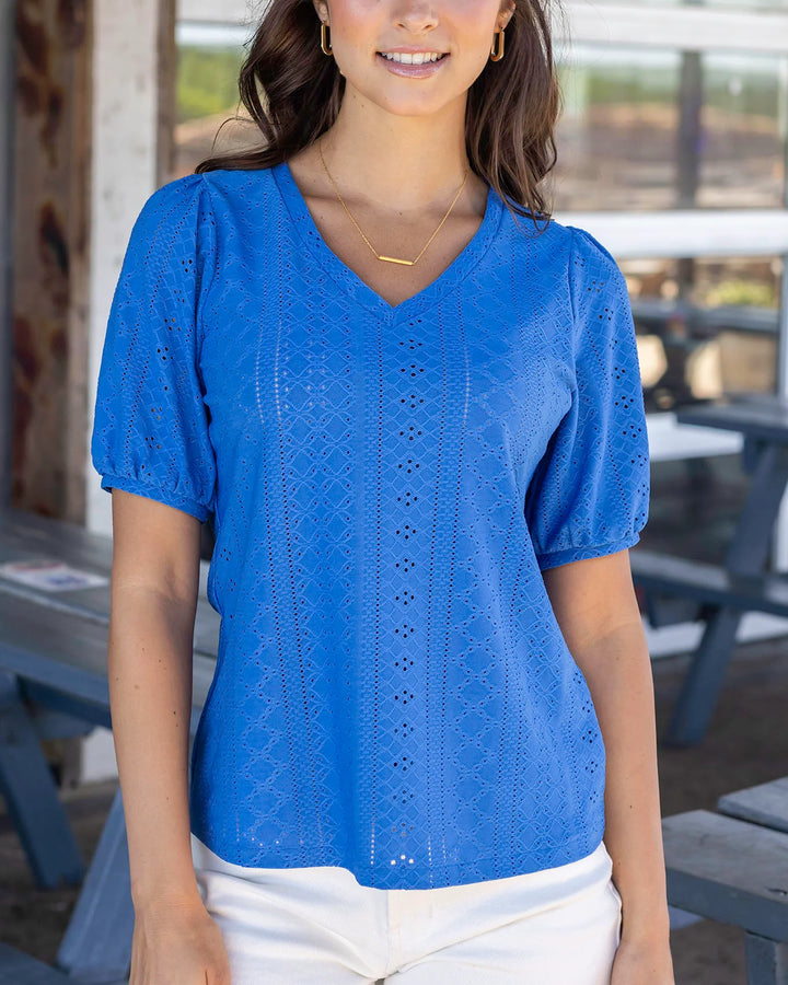 Grace and Lace | Eyelet V-Neck Top | True Blue