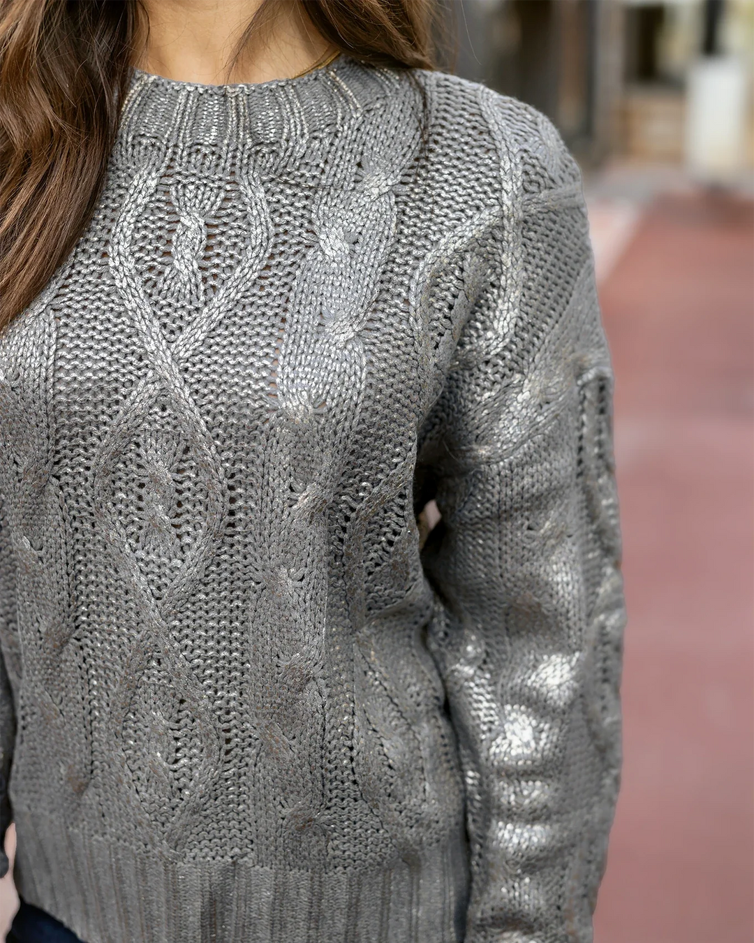 Grace and Lace | Foiled Cable Knit Sweater | Champagne Shimmer