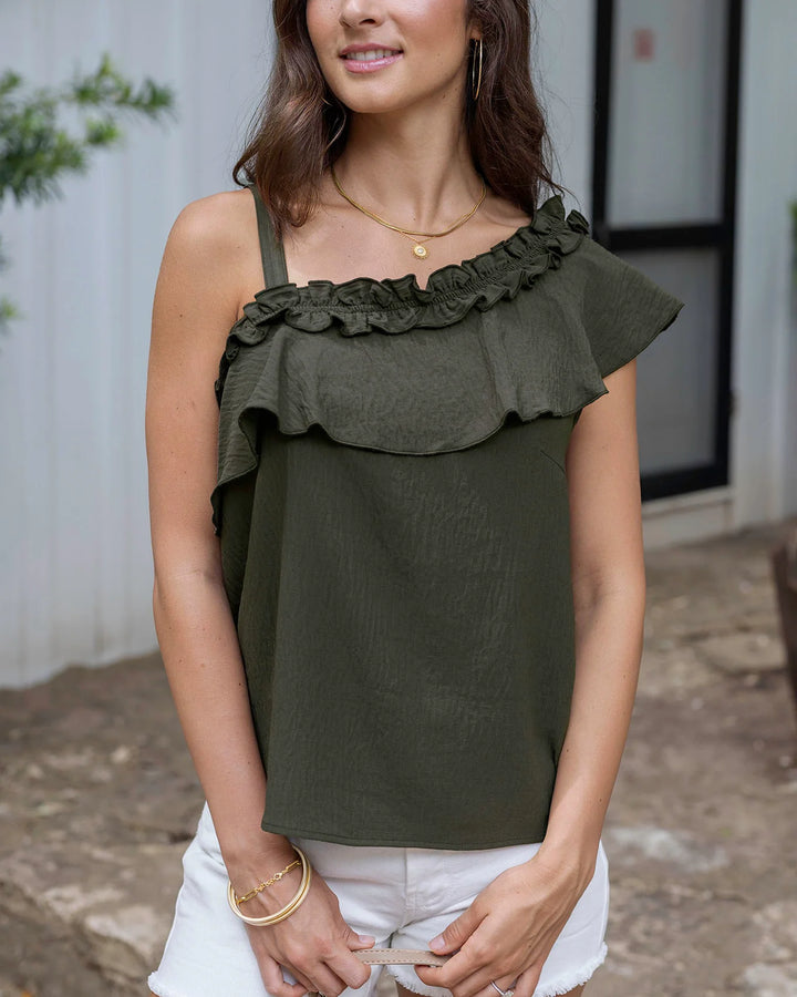 Grace and Lace | Havana One Shoulder Ruffle Top | Deep Green