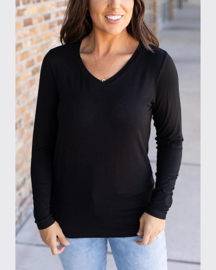 Larissa Long Sleeve V-Neck Top | Black