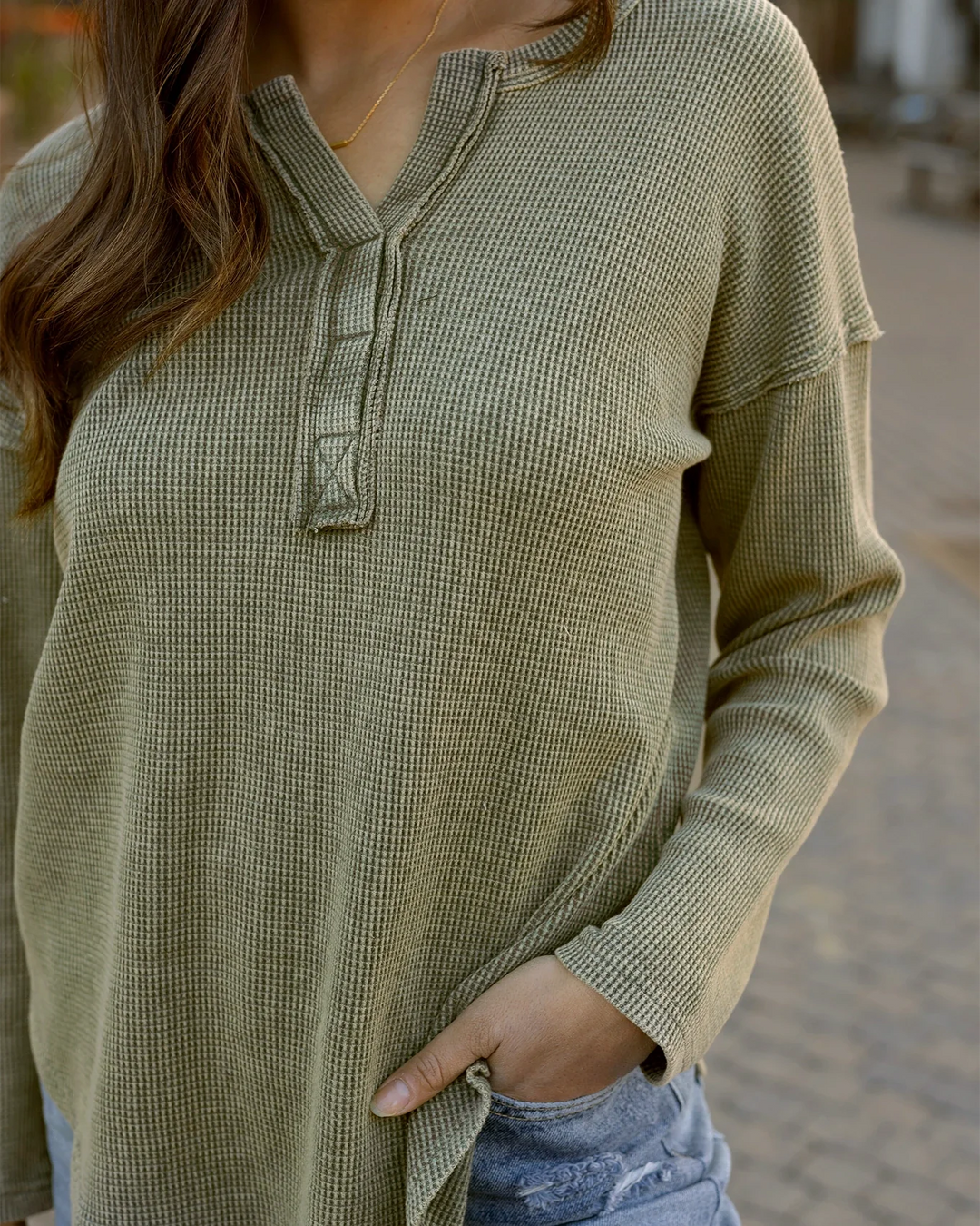 **PREORDER** Grace and Lace | Mineral Washed Waffle Henley | Chive - ESTIMATED TO SHIP NOV 26