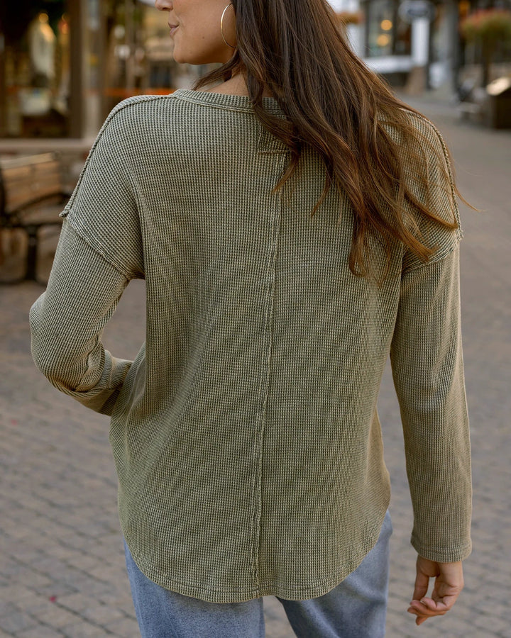 **PREORDER** Grace and Lace | Mineral Washed Waffle Henley | Chive - ESTIMATED TO SHIP NOV 26