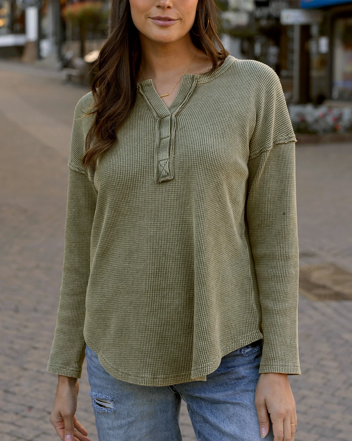 **PREORDER** Grace and Lace | Mineral Washed Waffle Henley | Chive - ESTIMATED TO SHIP NOV 26