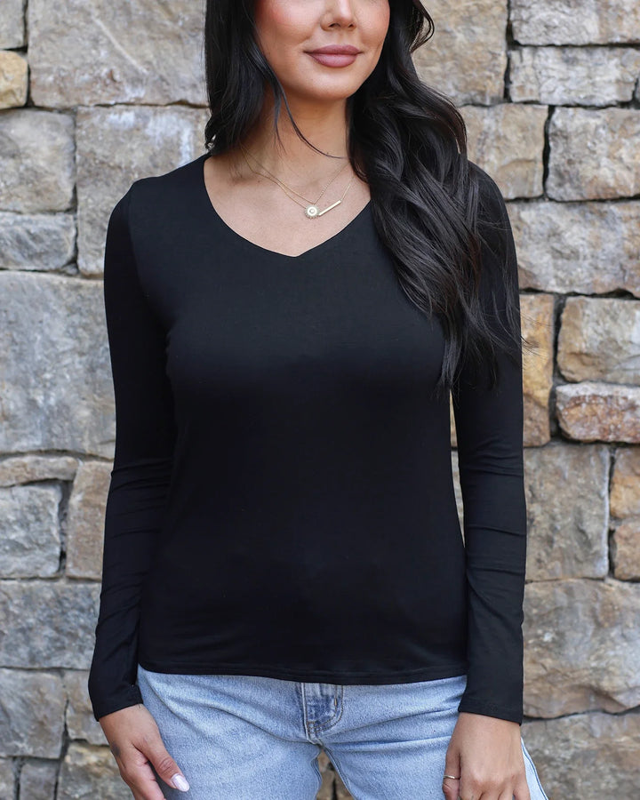 Grace and Lace | Modal V-Neck Long Sleeve Tee | Black