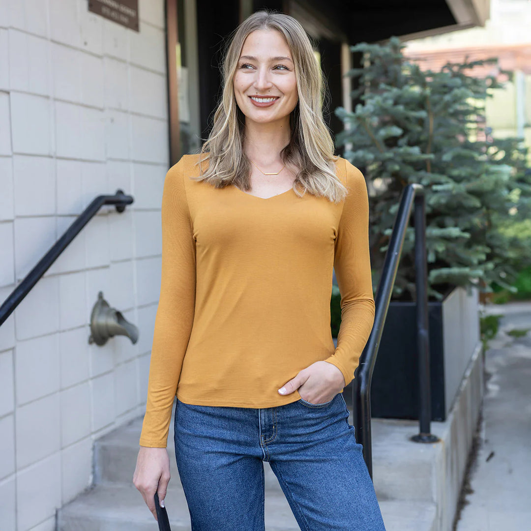 Grace and Lace | Modal V-Neck Long Sleeve Tee | Mustard