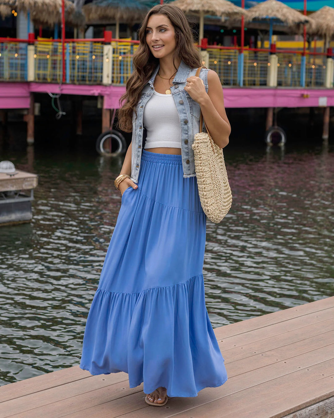 Grace and Lace Pocketed Tiered Maxi Skirt Cornflower Blue