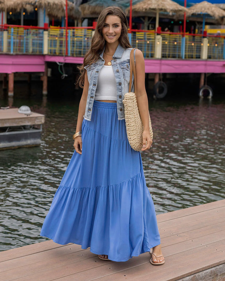 Grace and Lace | Pocketed Tiered Maxi Skirt | Cornflower Blue