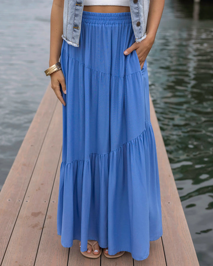 Grace and Lace | Pocketed Tiered Maxi Skirt | Cornflower Blue