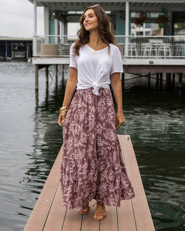 Grace and Lace | Pocketed Tiered Maxi Skirt | Pink Floral