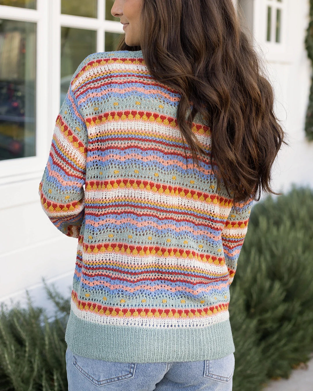 Grace and Lace | Pointelle Striped Sweater | Multi Earthtone