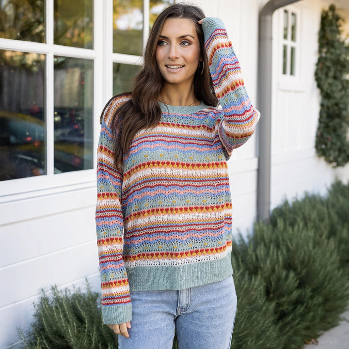 Grace and Lace | Pointelle Striped Sweater | Multi Earthtone