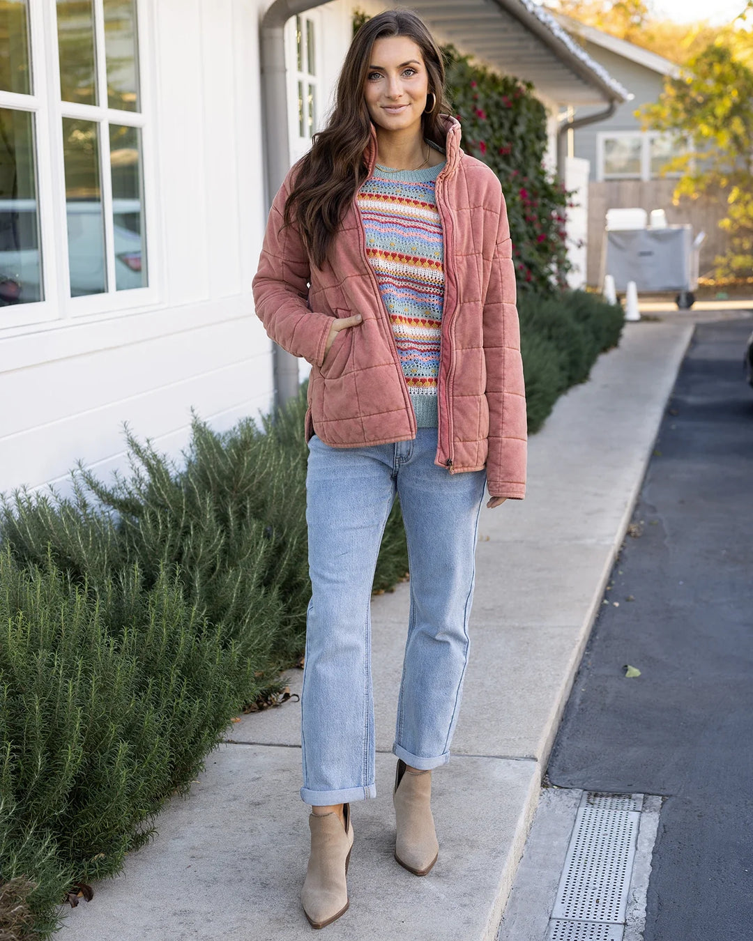 Grace and Lace | Pointelle Striped Sweater | Multi Earthtone