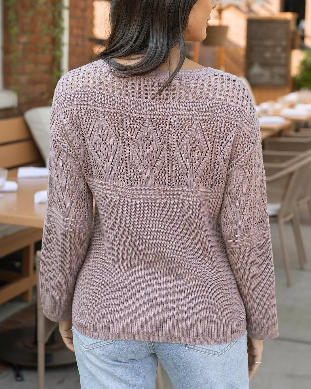 Grace and Lace | Pointelle V-Neck Sweater | Fawn