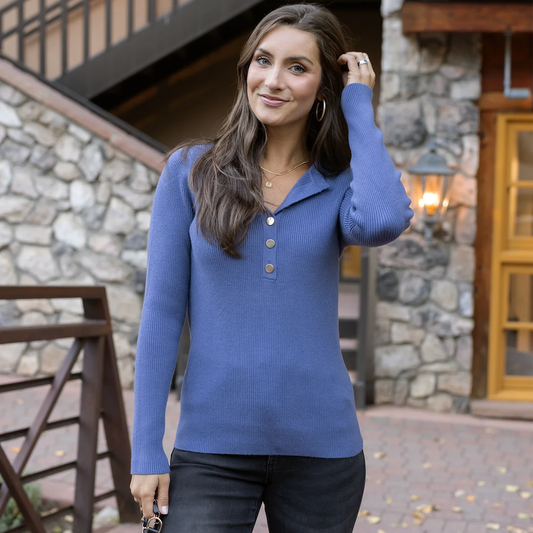 Grace and Lace | Ribbed Henley Sweater | English Blue