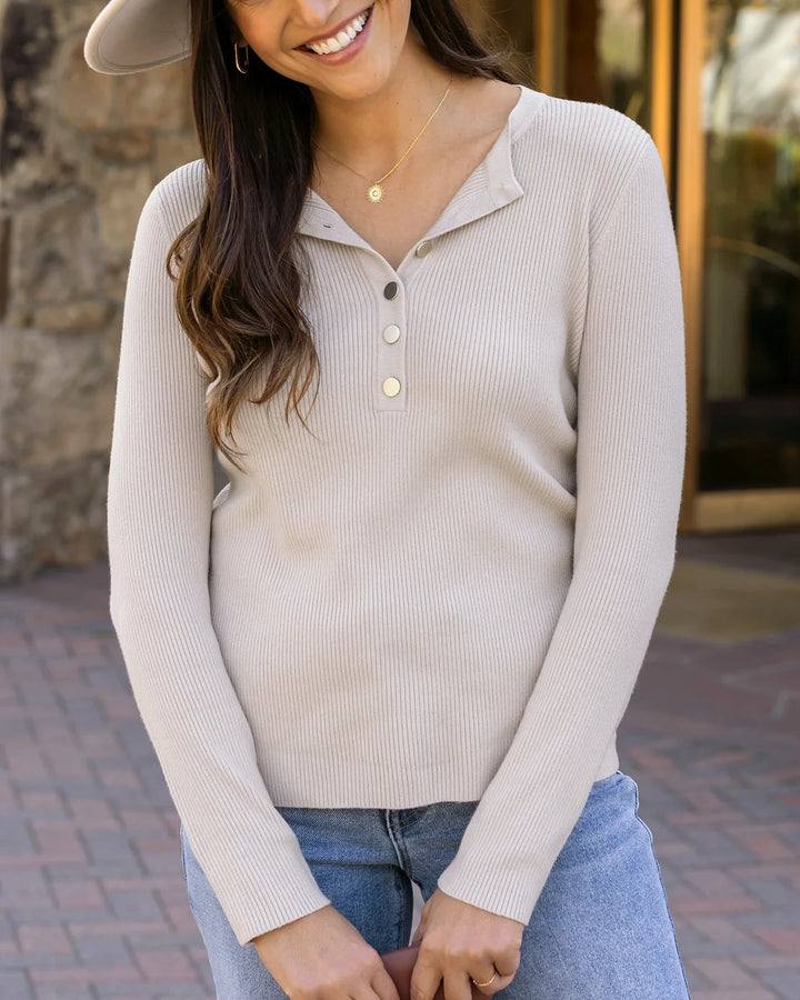 Grace and Lace | Ribbed Henley Sweater | Oatmeal