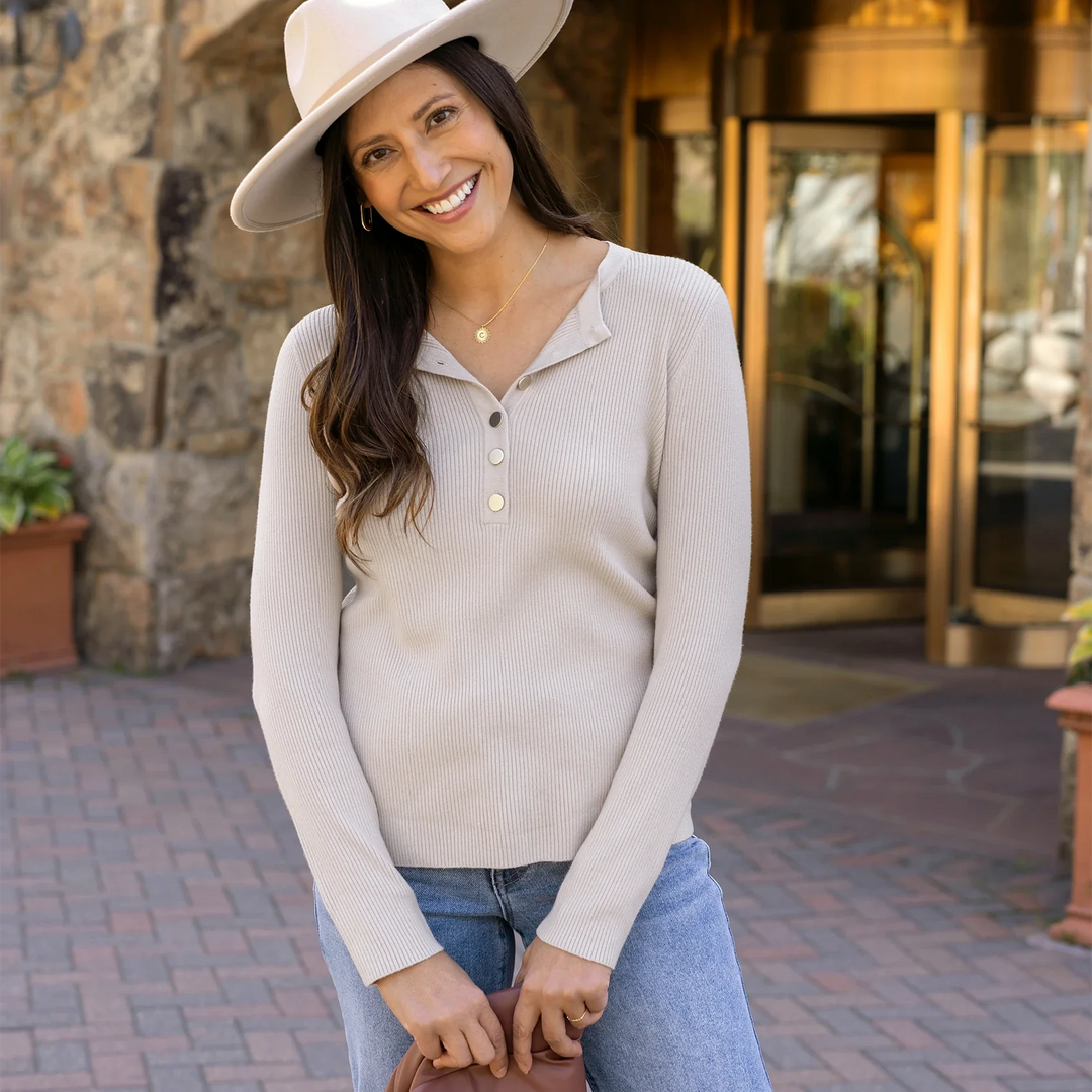 Grace and Lace | Ribbed Henley Sweater | Oatmeal