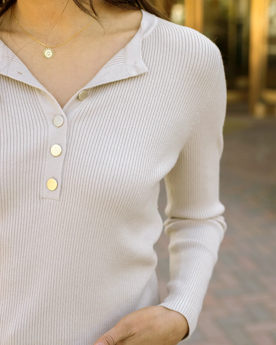 Grace and Lace | Ribbed Henley Sweater | Oatmeal