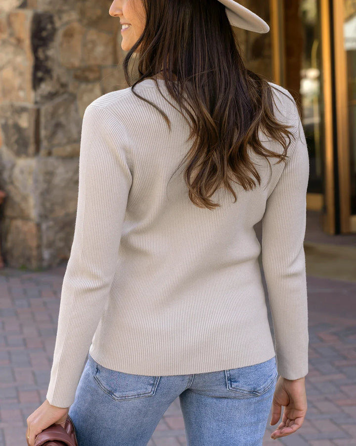 Grace and Lace | Ribbed Henley Sweater | Oatmeal