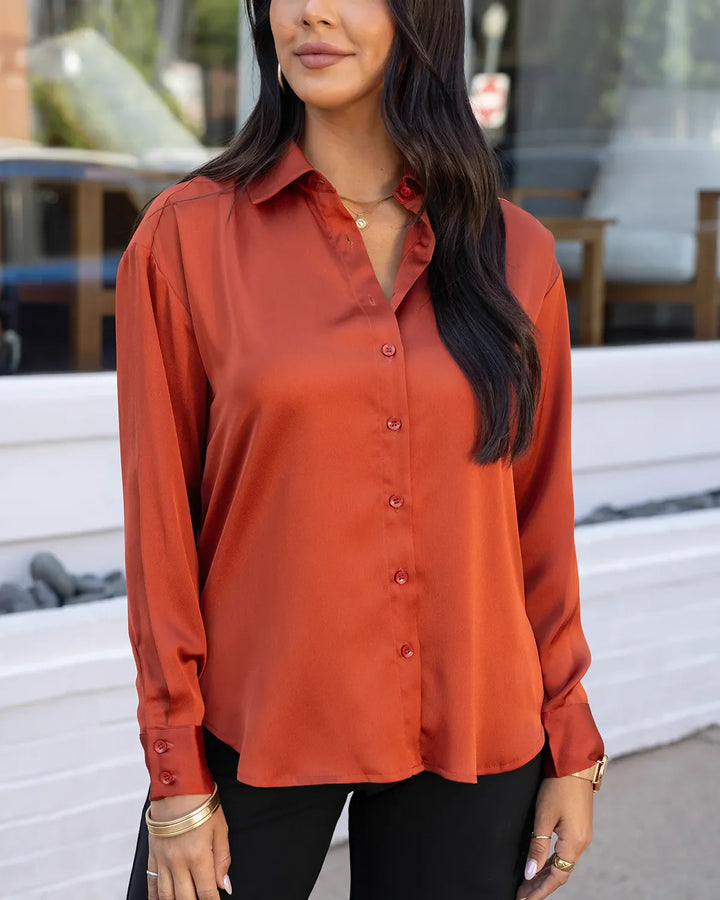 Grace and Lace | Satin Button Down Top | Rust