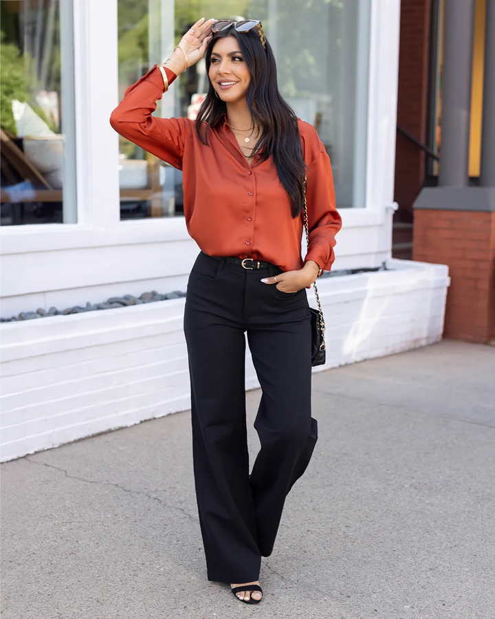 Grace and Lace | Satin Button Down Top | Rust