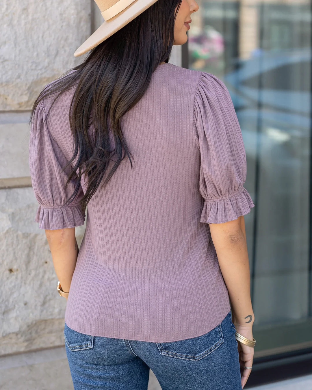 Grace and Lace | Scoop Neck Puff Sleeve Top | Mystic Purple