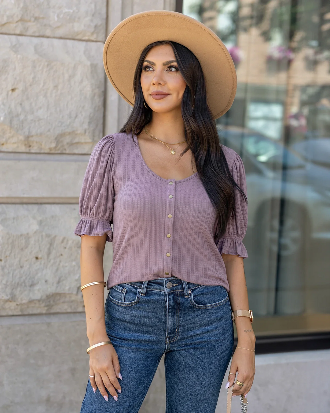 Grace and Lace | Scoop Neck Puff Sleeve Top | Mystic Purple