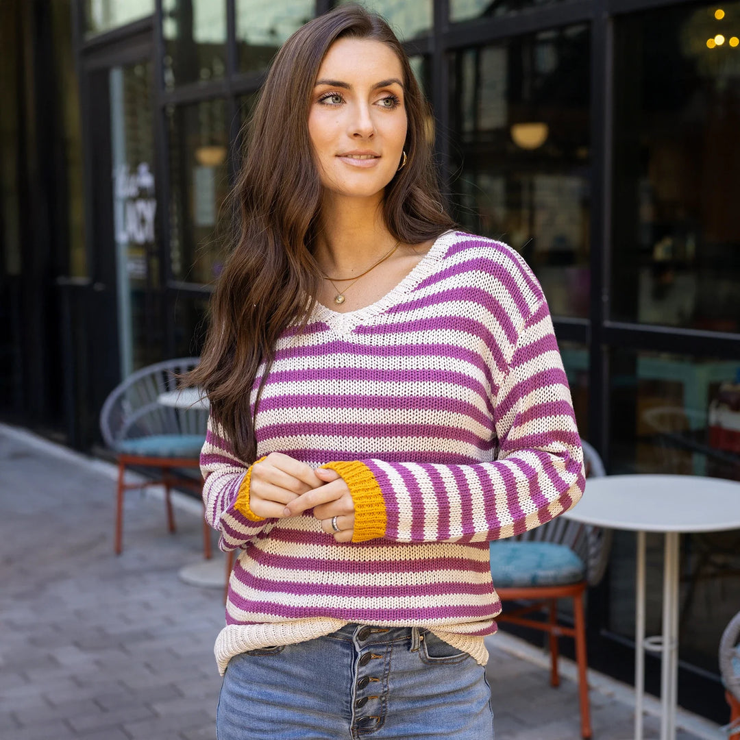 *PREORDER* Grace and Lace | Striped V-Neck Sweater - ESTIMATED TO SHIP MARCH 4