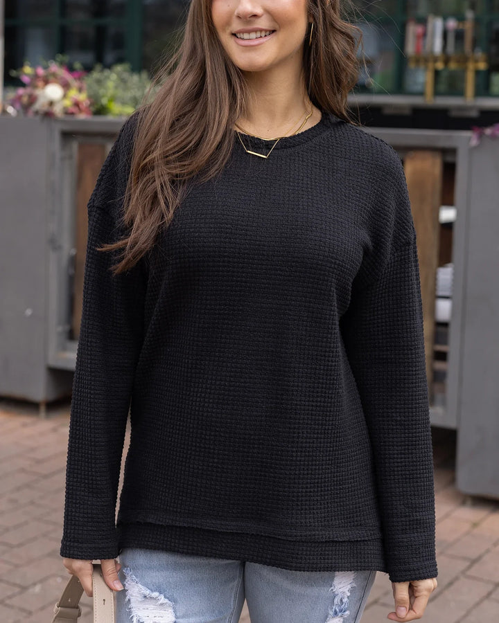 Grace and Lace | Slouchy Waffle Pullover | Black