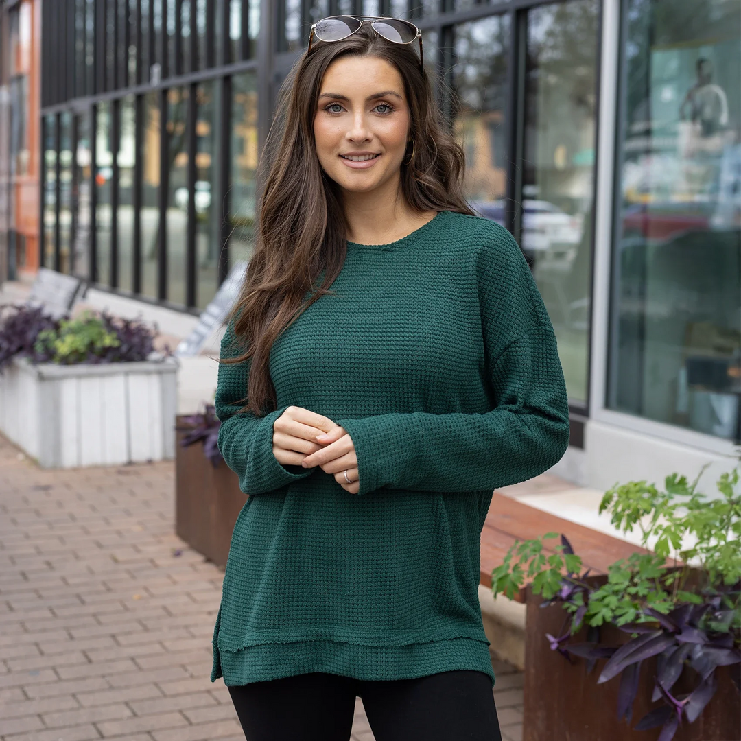 Grace and Lace | Slouchy Waffle Pullover | Emerald